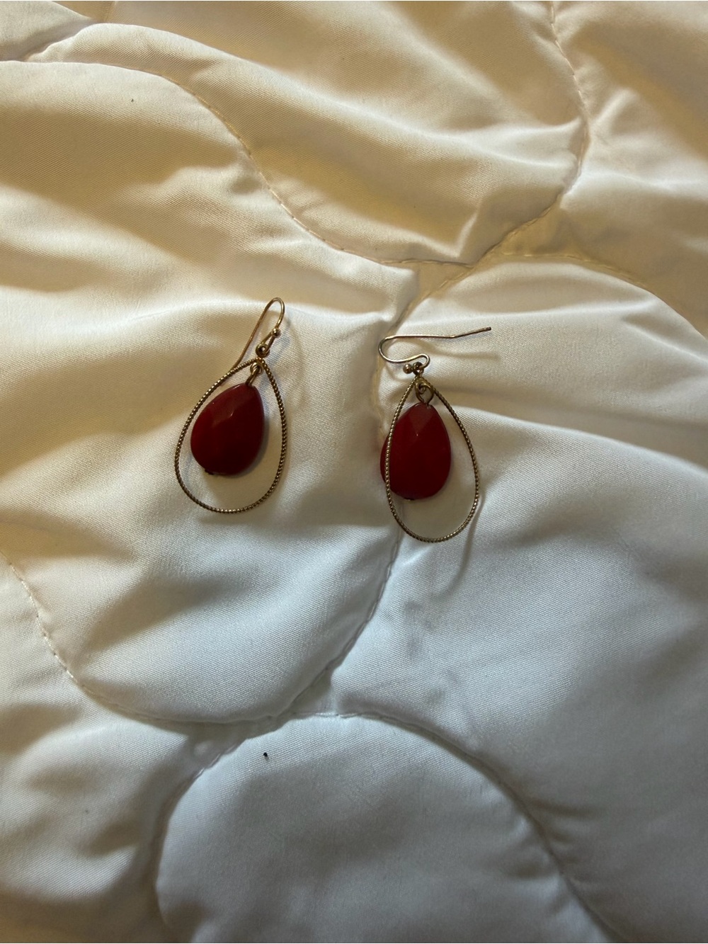 Gold Drop Earrings with Red Teardrop Accent